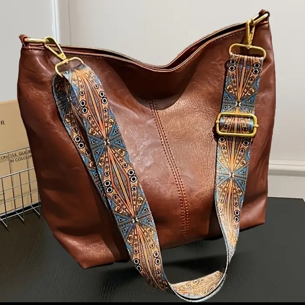 Brown and Gold Shoulder Bag with Decorative Strap